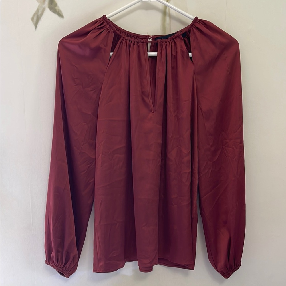 White House Black Market Sienna Rust Color Satin Keyhole Neck Long Sleeve Blouse